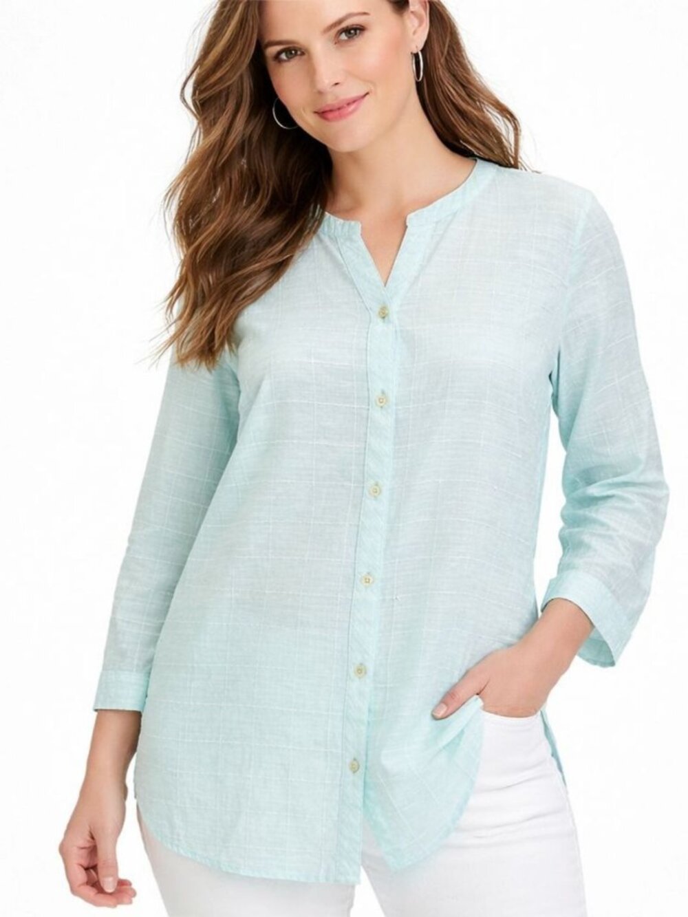 Talbots Womens Button Top Aqua Blue Windowpane Plaid Roll Tab Sleeve Size M